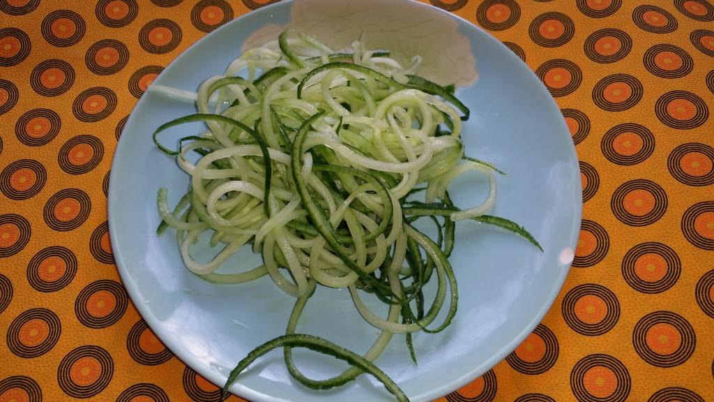 Cucumber turned into "pasta" with a Spirelli kitchen gadget