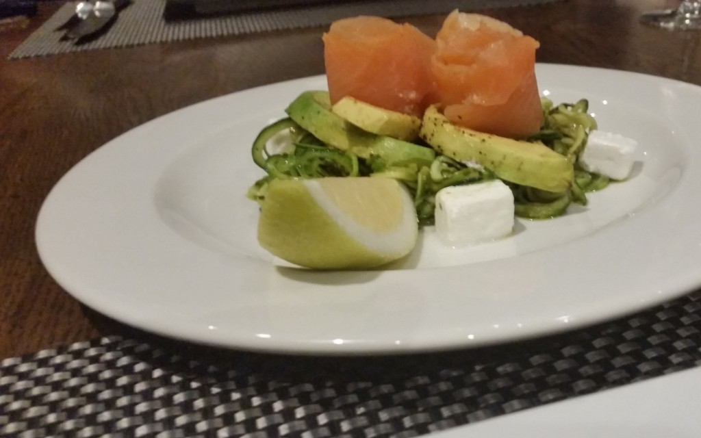 The salmon and zucchini noodles with basil pesto.