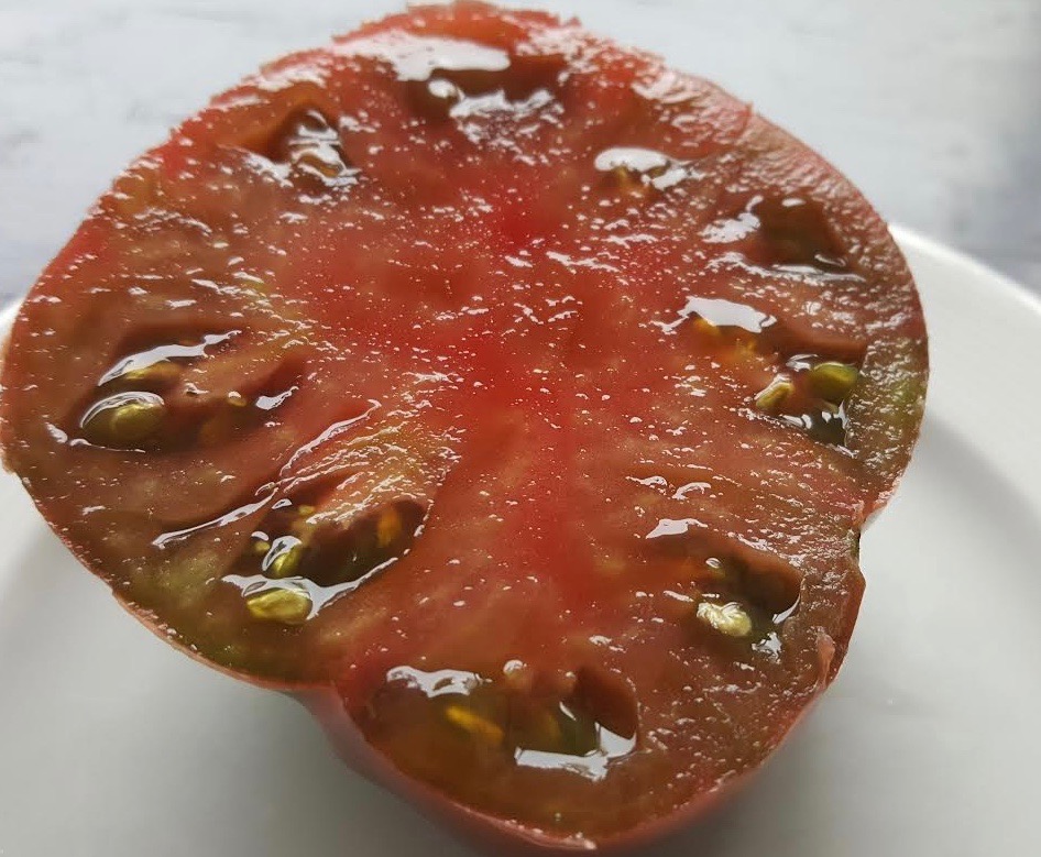 A Black Crim (Crimea) tomato. Steve rtes this the tastiest slicing tomato there is.